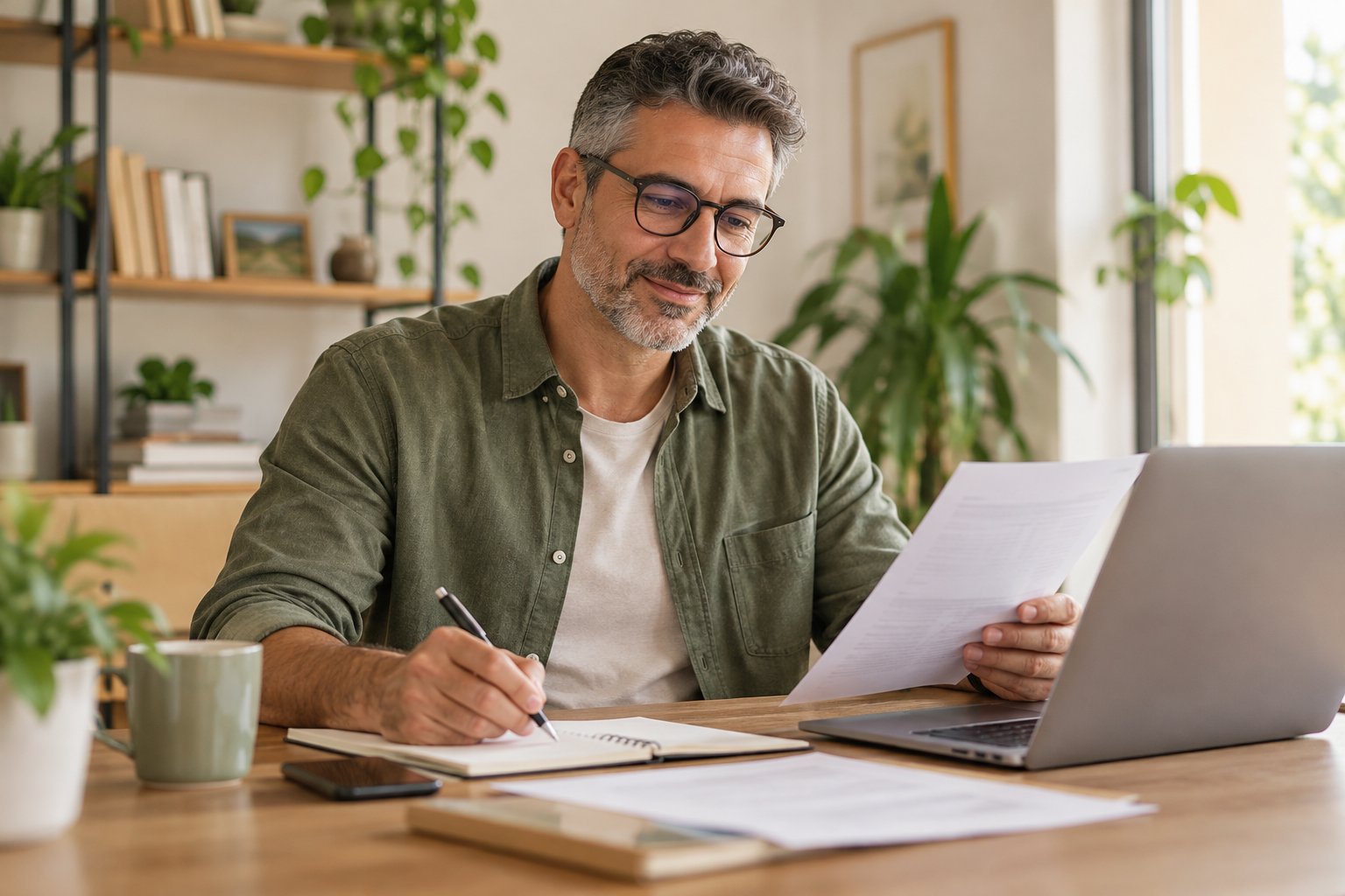 Cena ilustrativa de homem comparando documentos e planejando as finanças